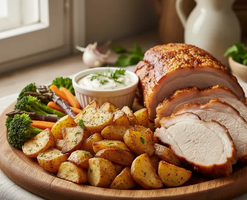 Recept na vepřové maso s brambory, zeleninou a dipem